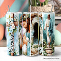 Easter blue tumbler with lid and stainless straw, floral and portrait wrap design.