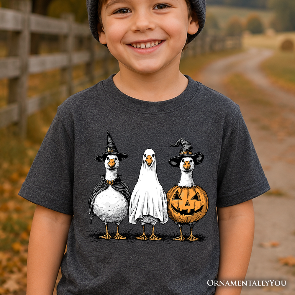 Kids dark gray Halloween T-shirt with penguin trio graphic and jack-o-lantern