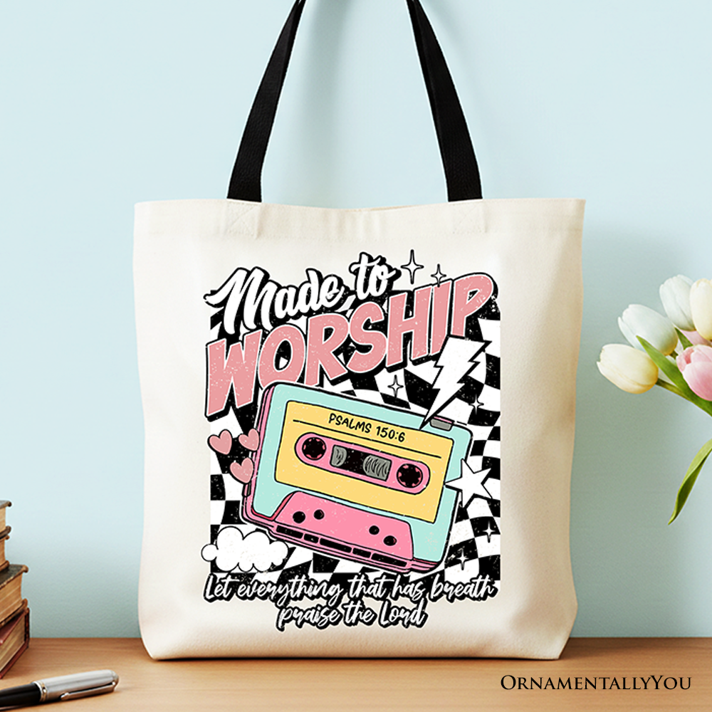 Cream Christian retro tote bag with black handles and graphic Bible verse front print