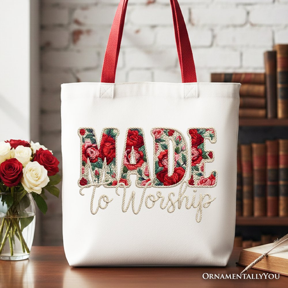Floral “MADE to Worship” printed tote bag with red handles on white