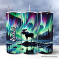 20oz stainless steel tumbler with lid, aurora moose design, and metal straw