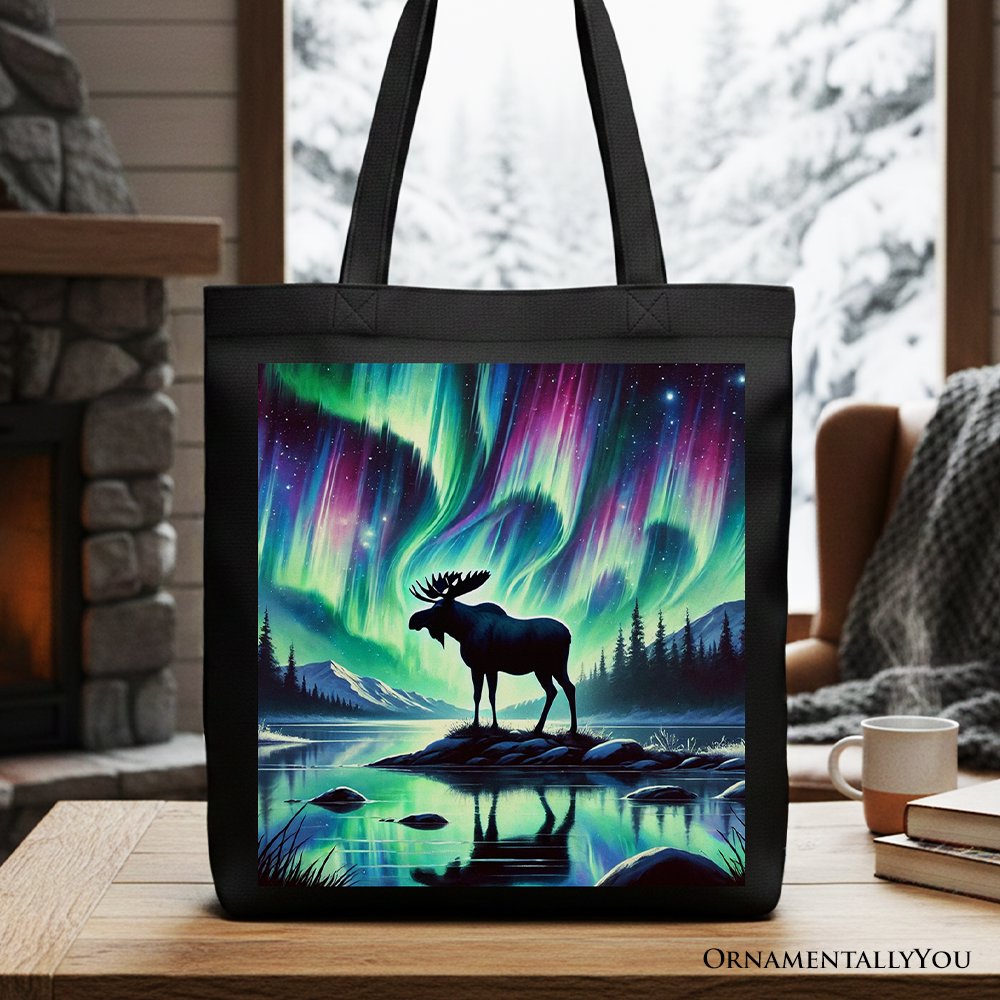 Black canvas tote bag with northern lights moose graphic and wide top handles