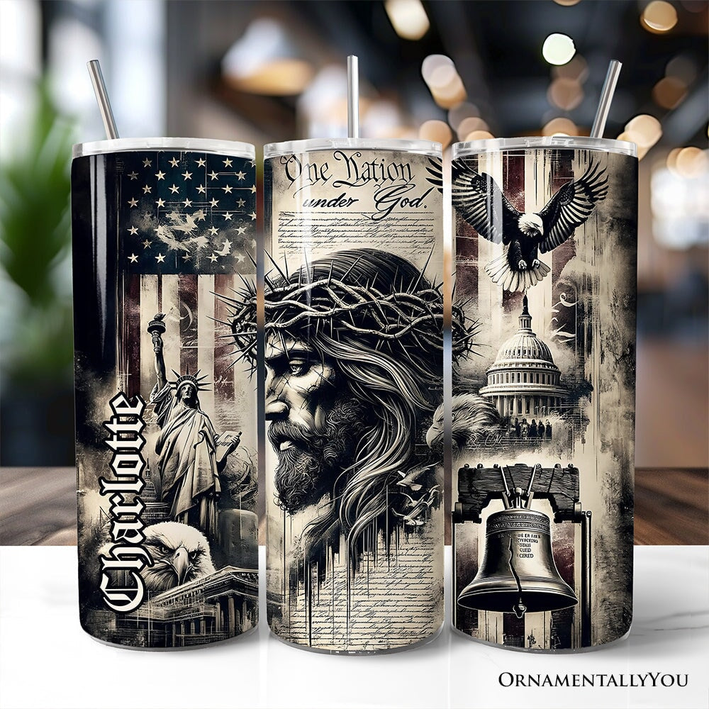 Set of three 20oz tumblers with clear lids and stainless straws, black-and-white patriotic prints