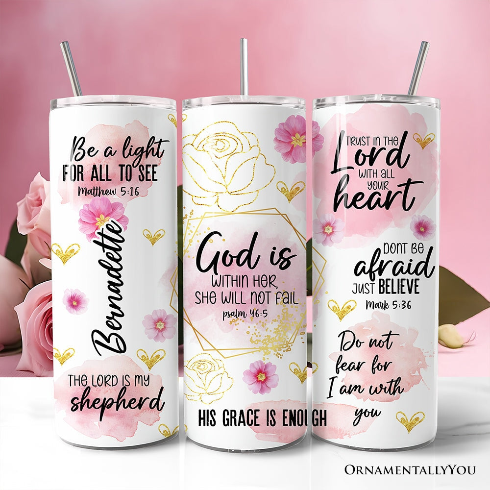 Pink floral Christian tumbler with lid and stainless steel straw, scripture quotes