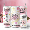 Pink floral Christian tumbler with lid and stainless steel straw, scripture quotes