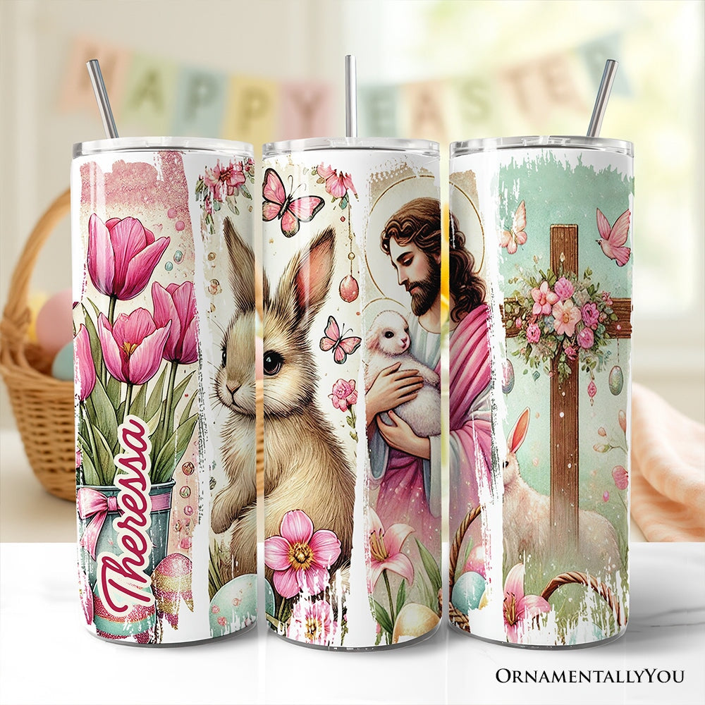 20oz Easter tumbler set with lid and stainless straw, rabbit and Jesus pink floral art