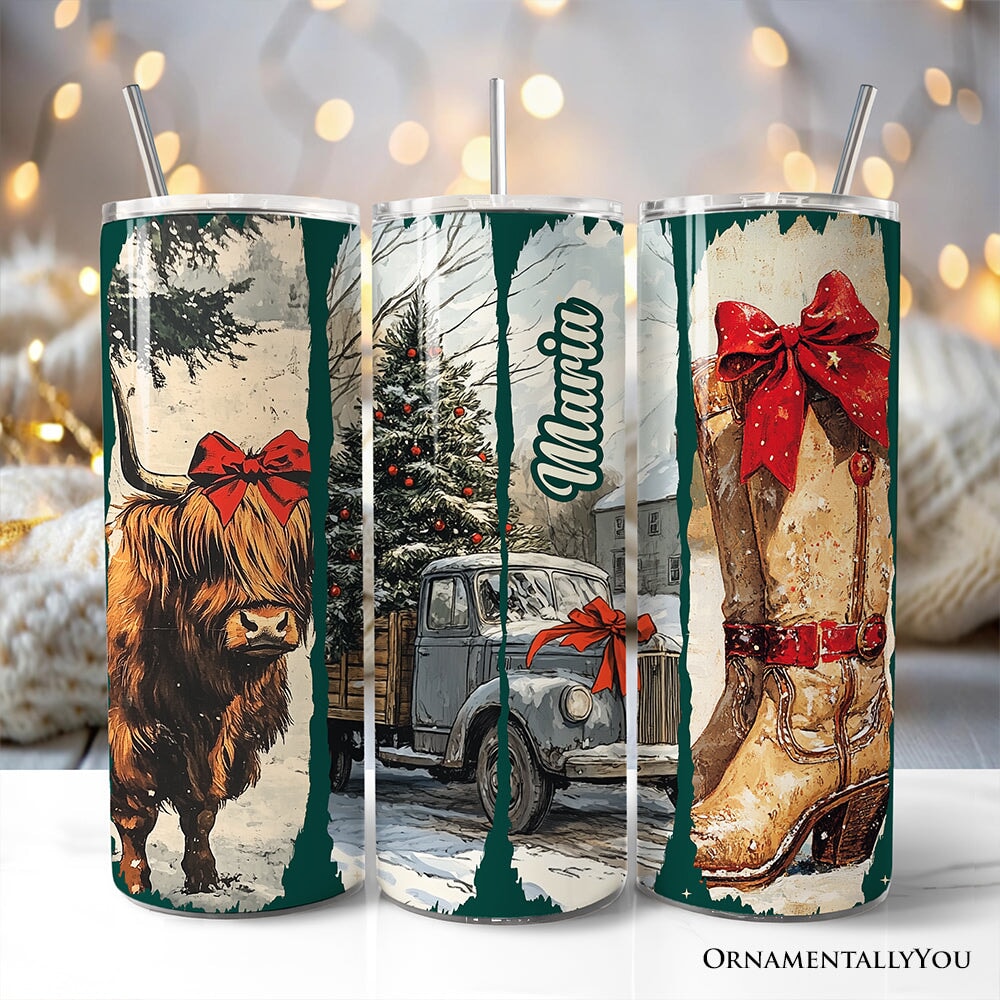 20oz personalized tumbler with lid and straw, three Highland cow holiday designs