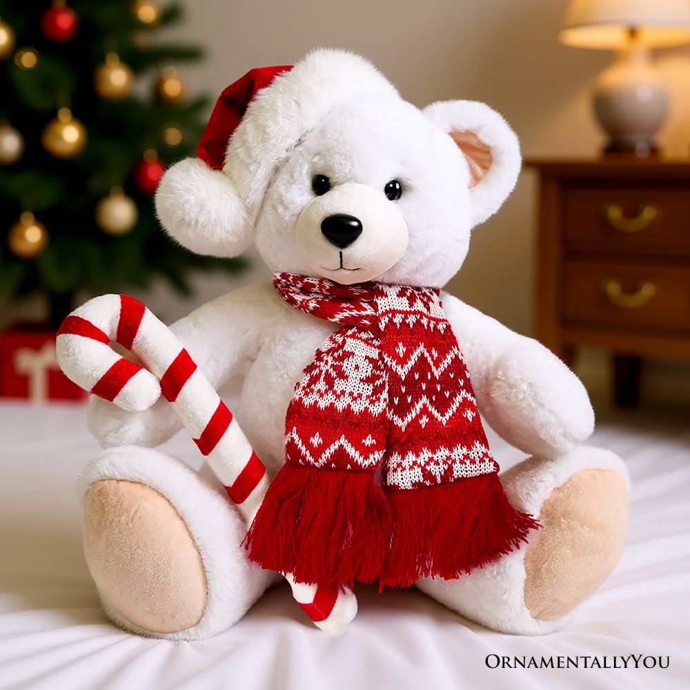 White polar bear plush in red patterned sweater with candy cane and Santa hat