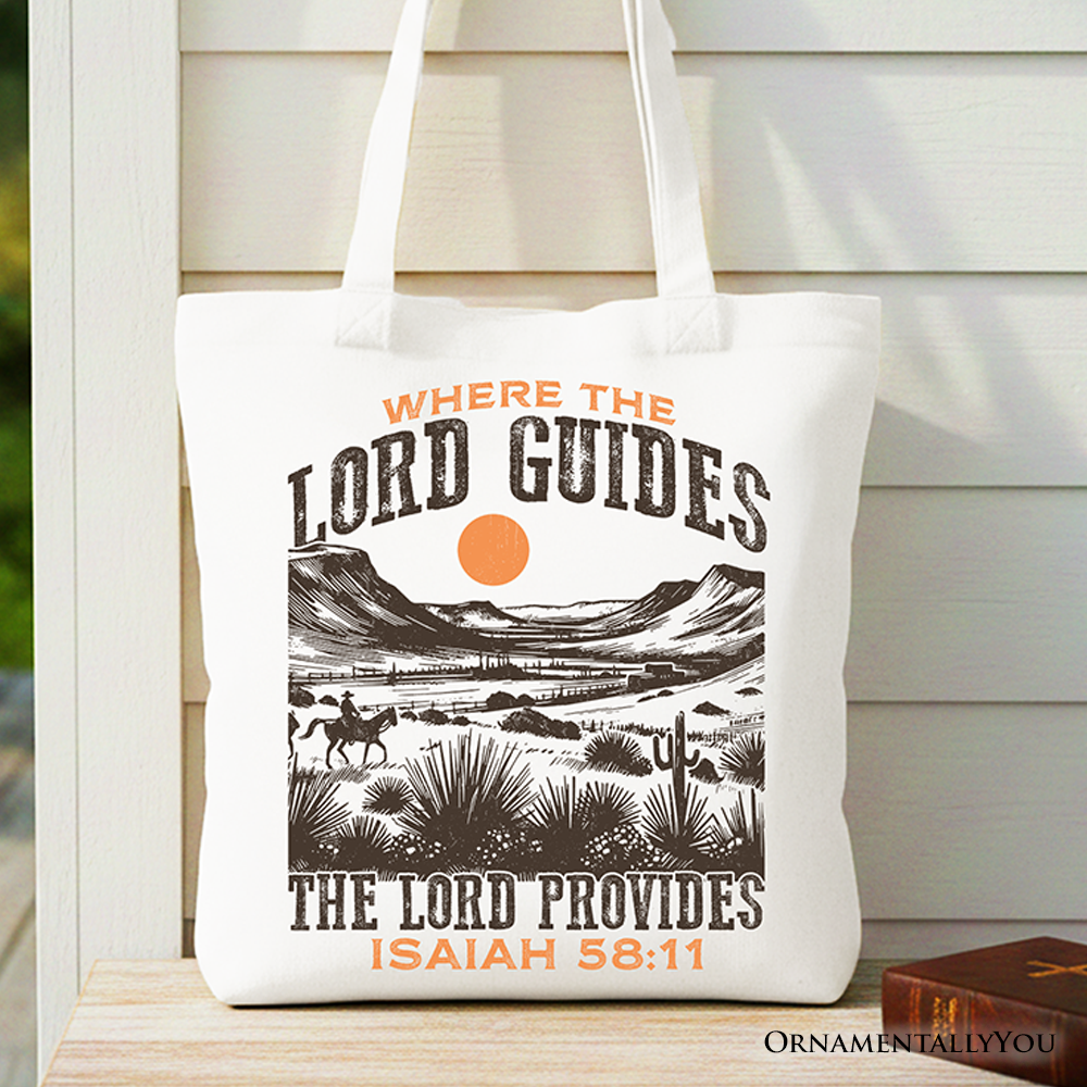 White tote bag with desert graphic and 'The Lord Provides' Isaiah 58:11