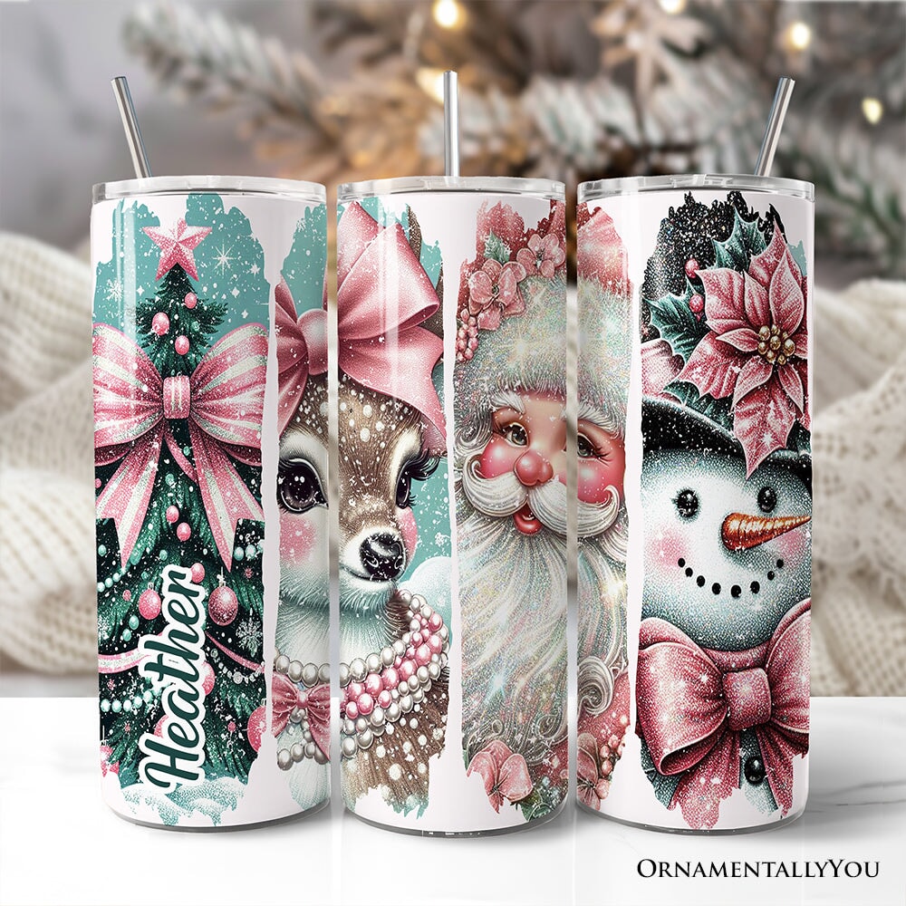 Personalized Christmas tumbler set with lid and stainless straw, pink holiday designs