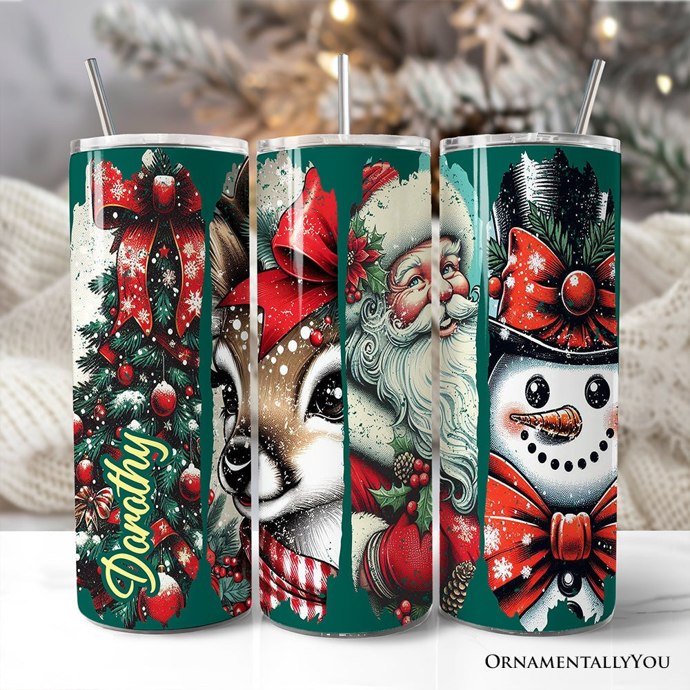 Green 20oz Christmas tumbler with lid and stainless straw, Santa and reindeer artwork