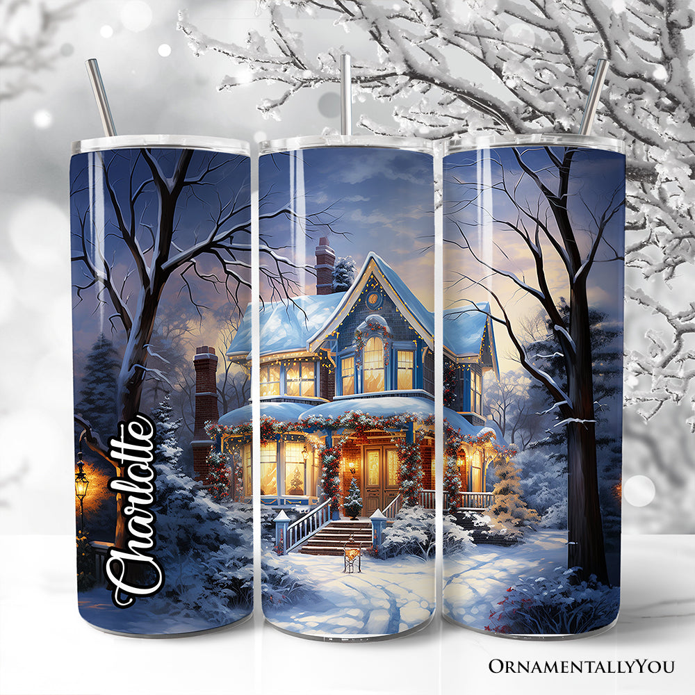 Winter house tumbler with lid and silver straw, "Celebrate" script and snowy cottage art