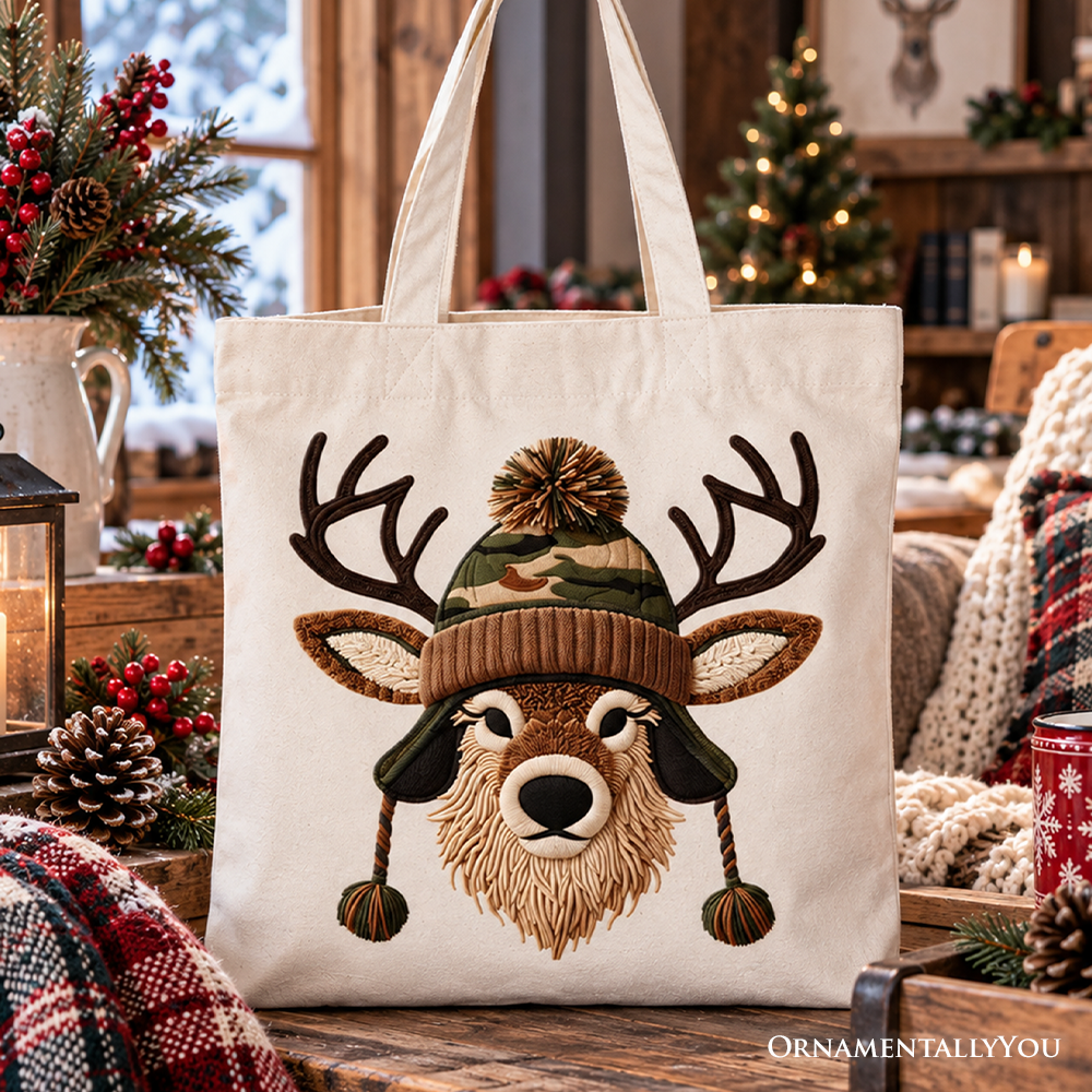 Beige canvas tote bag with embroidered deer face, antlers, and camo hat