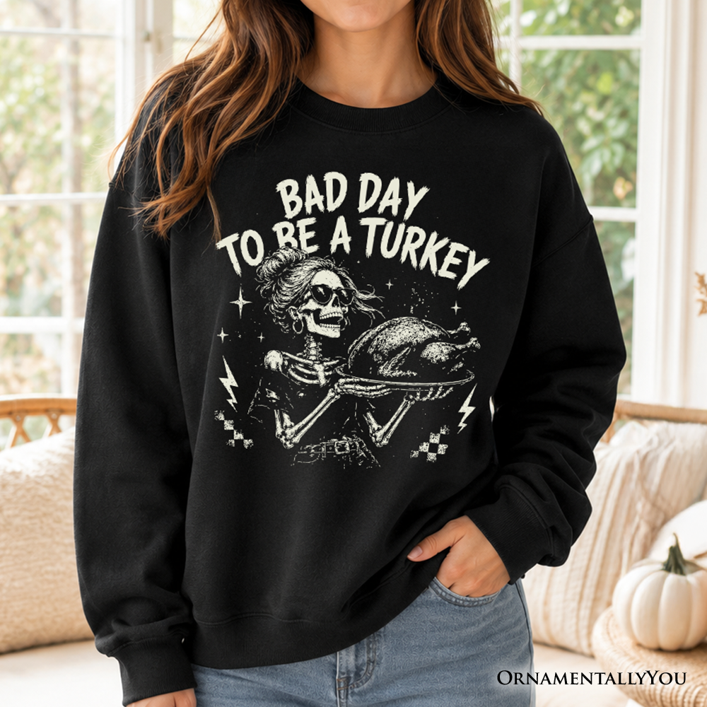 Black crewneck sweatshirt with turkey-skeleton graphic print on the front