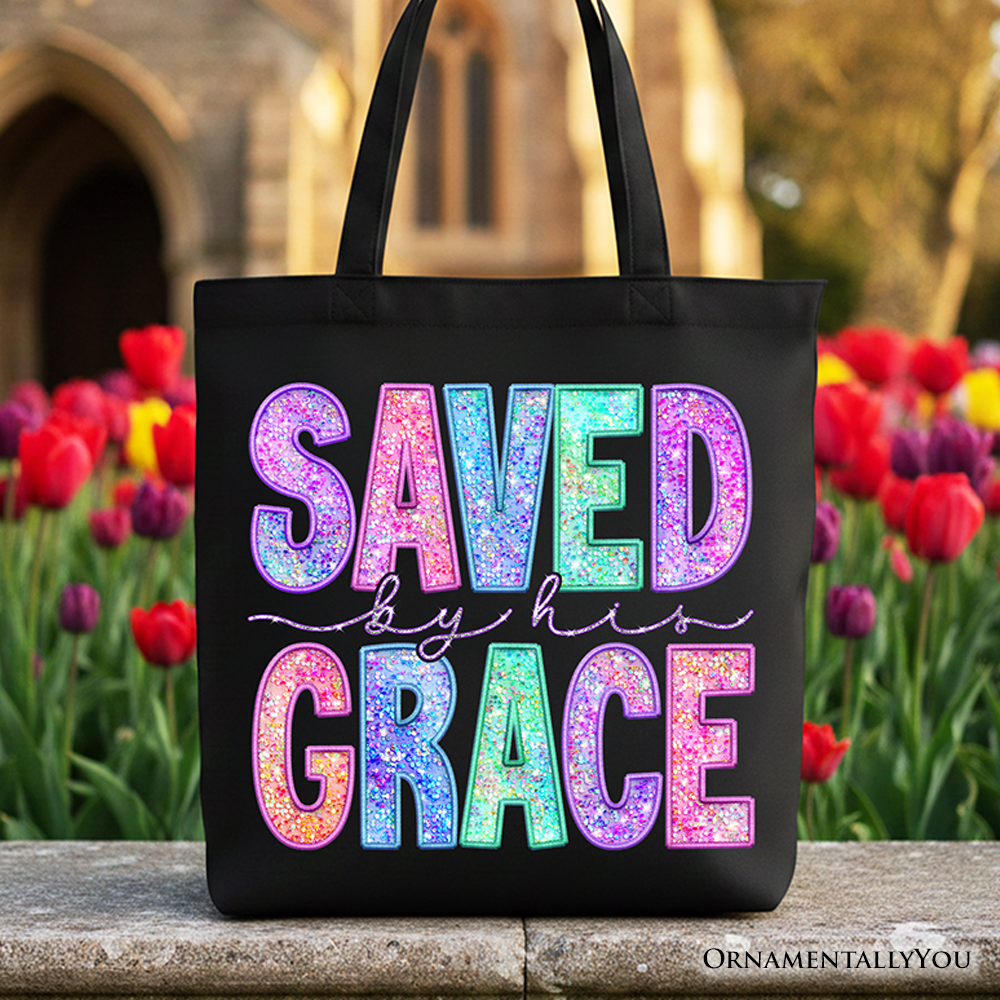 Black tote bag with faux sequin 'Saved by Grace' lettering