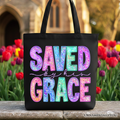 Black tote bag with faux sequin 'Saved by Grace' lettering