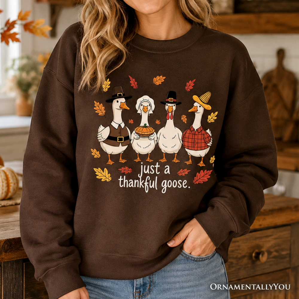 Dark brown sweatshirt with “just a thankful goose” turkey graphic and autumn leaves