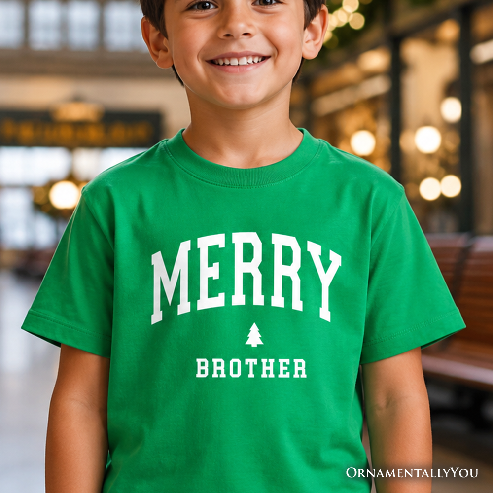 Kids green crewneck t-shirt with "MERRY BROTHER" graphic