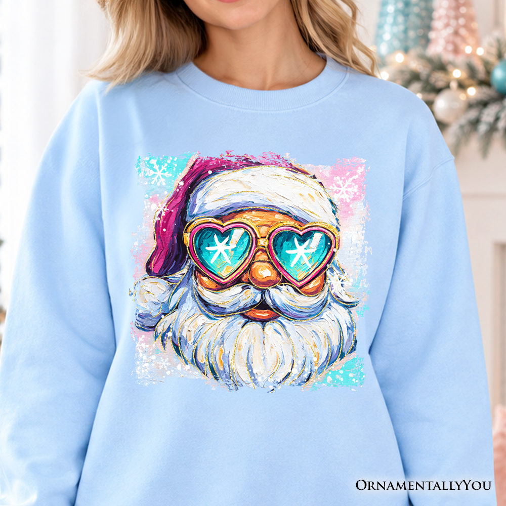 Light blue crewneck sweatshirt with colorful Santa face wearing neon sunglasses