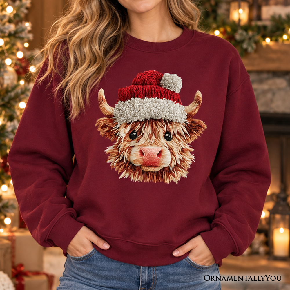Maroon crewneck sweatshirt with embroidered Highland cow wearing a Santa hat