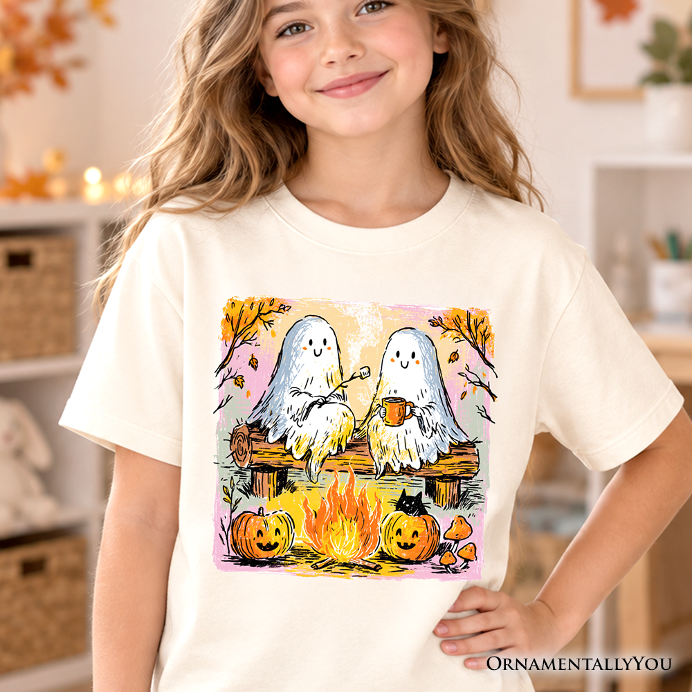 Kids cream T-shirt with ghost and pumpkin campfire graphic