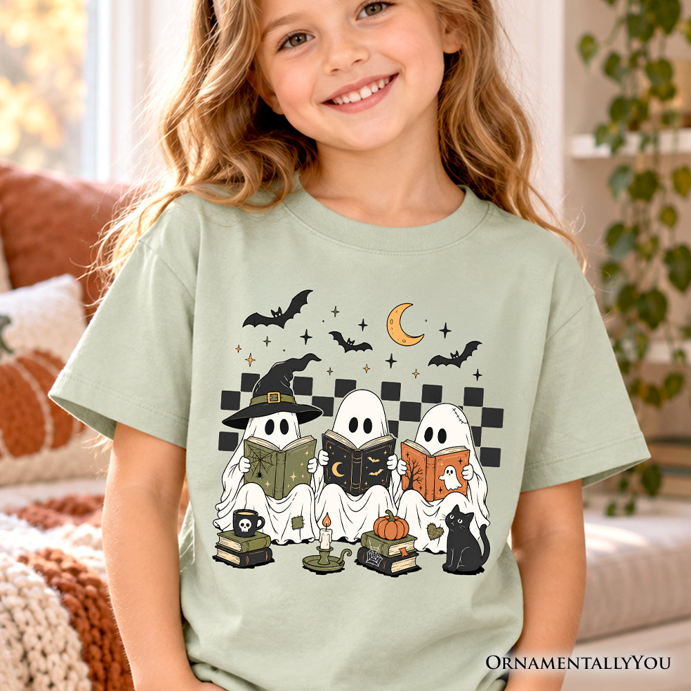 Kids sage green reading ghosts T-shirt with witch hat cat and book graphic
