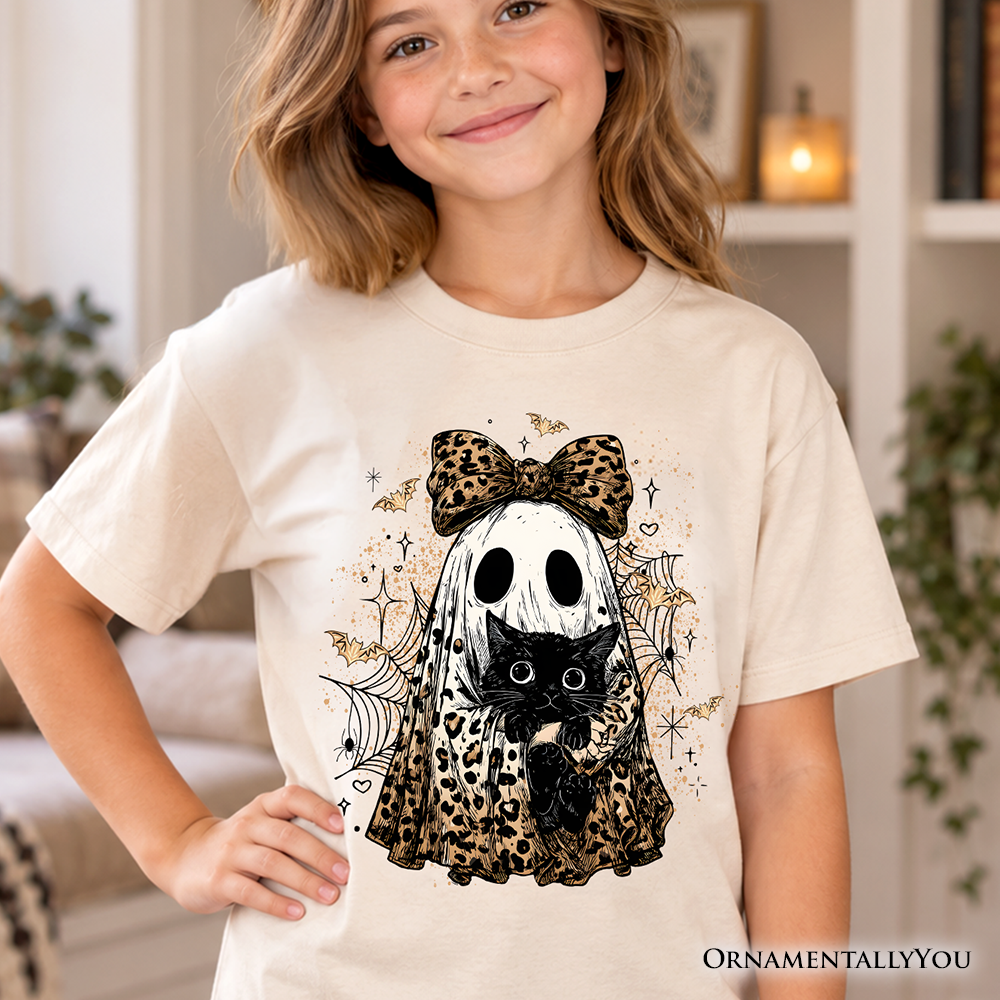 Kids sand t-shirt with leopard bow and black cat graphic, short sleeves
