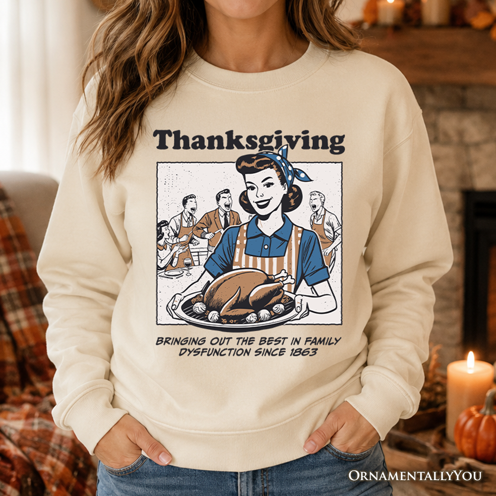 Sand crewneck sweatshirt with Thanksgiving woman graphic and turkey illustration
