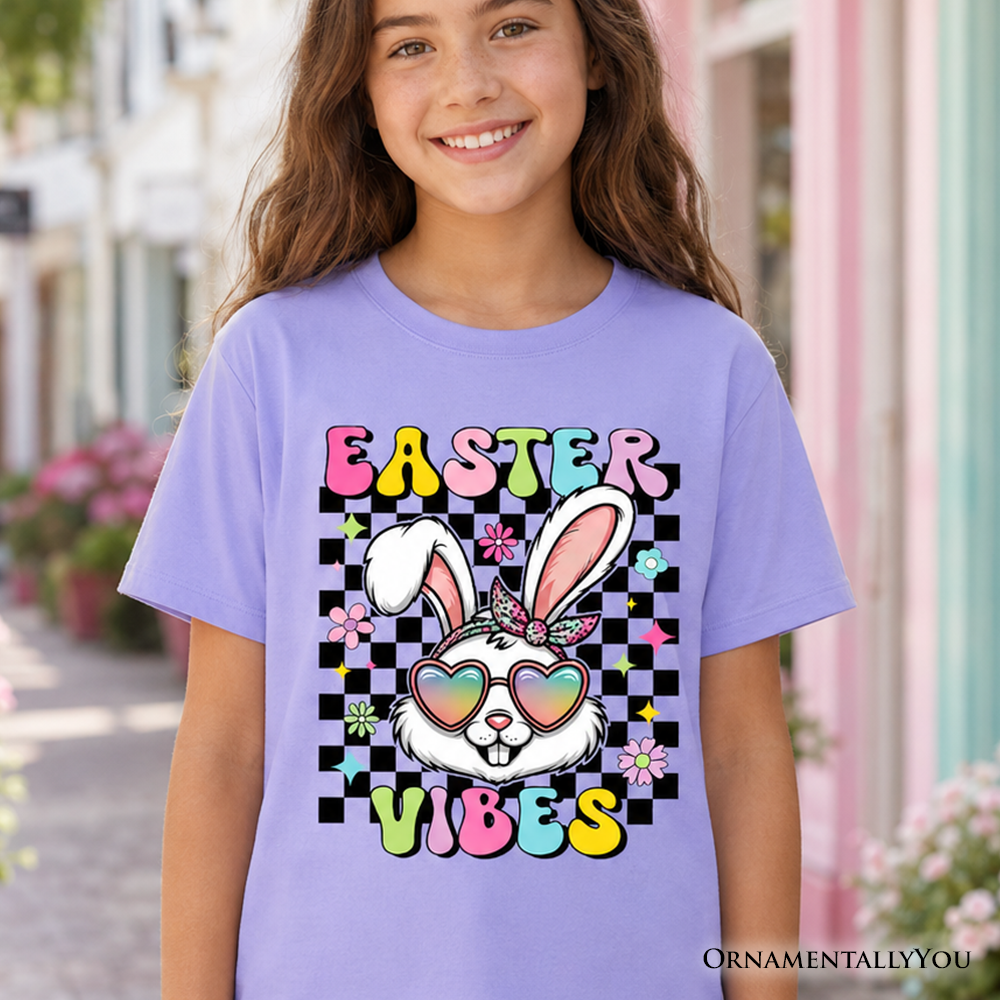 Kids Easter graphic T-shirt, lavender crew neck with bunny “Easter Vibes” print