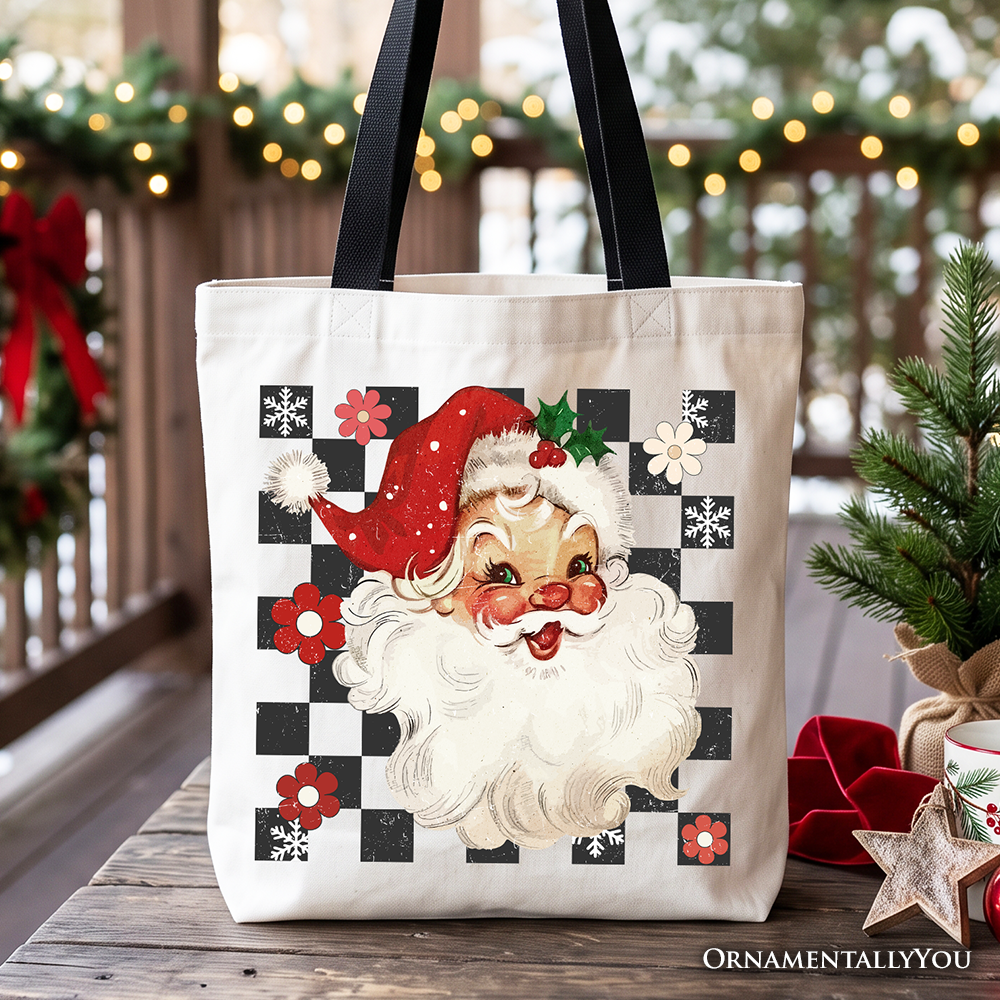 White tote bag with black checkered panels and Santa Claus front graphic