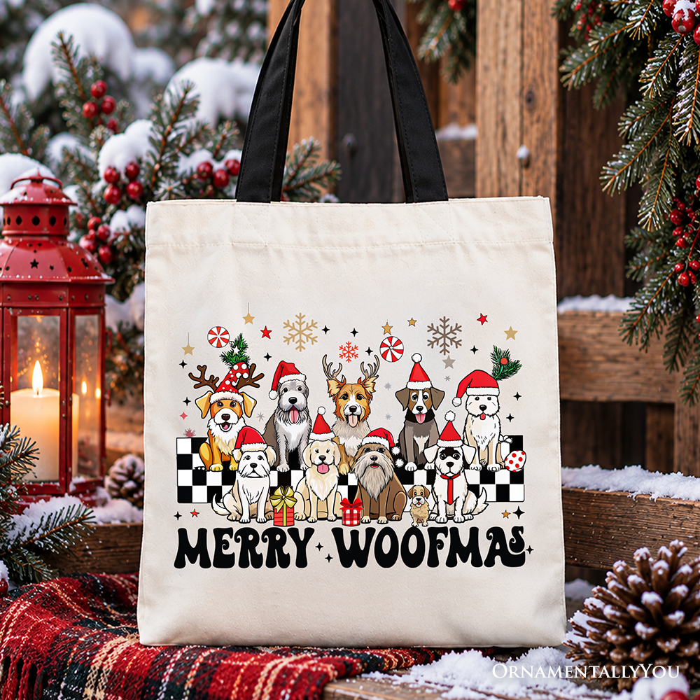 Beige cotton tote bag with Merry Woofmas dog graphic and black handles