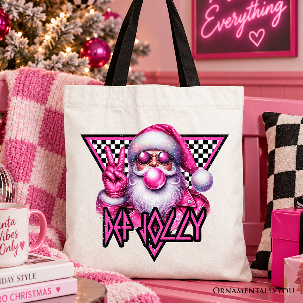 White tote bag with Santa bubblegum graphic and black carry handles