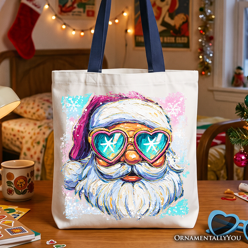 Cotton tote bag with colorful Santa sunglasses graphic, white body and navy handles