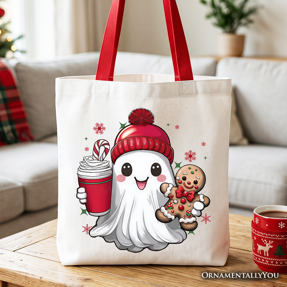 White holiday tote bag with cute ghost gingerbread and cocoa graphic, red handles