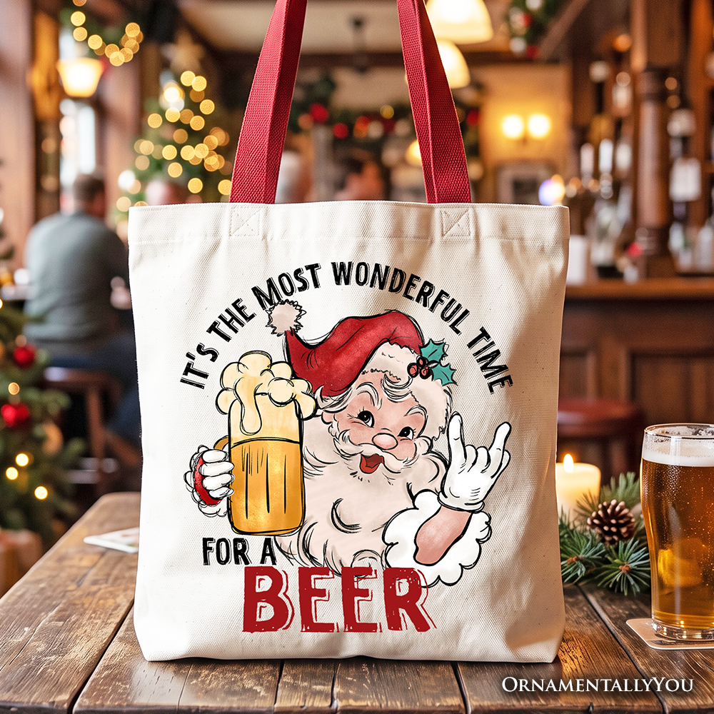 Christmas beer tote bag in white with Santa holding a mug and red “BEER” text