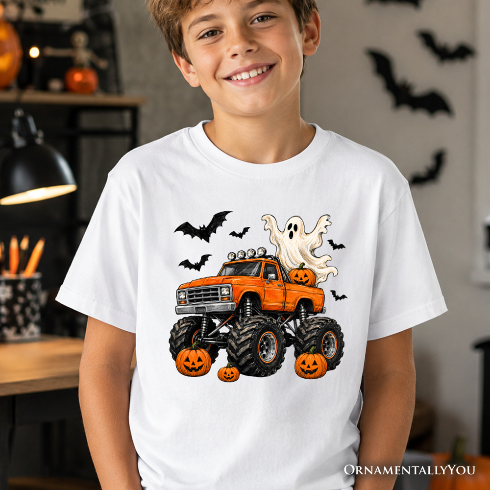 Kids Halloween monster truck T-shirt, white with orange truck, ghost, bats and pumpkins print