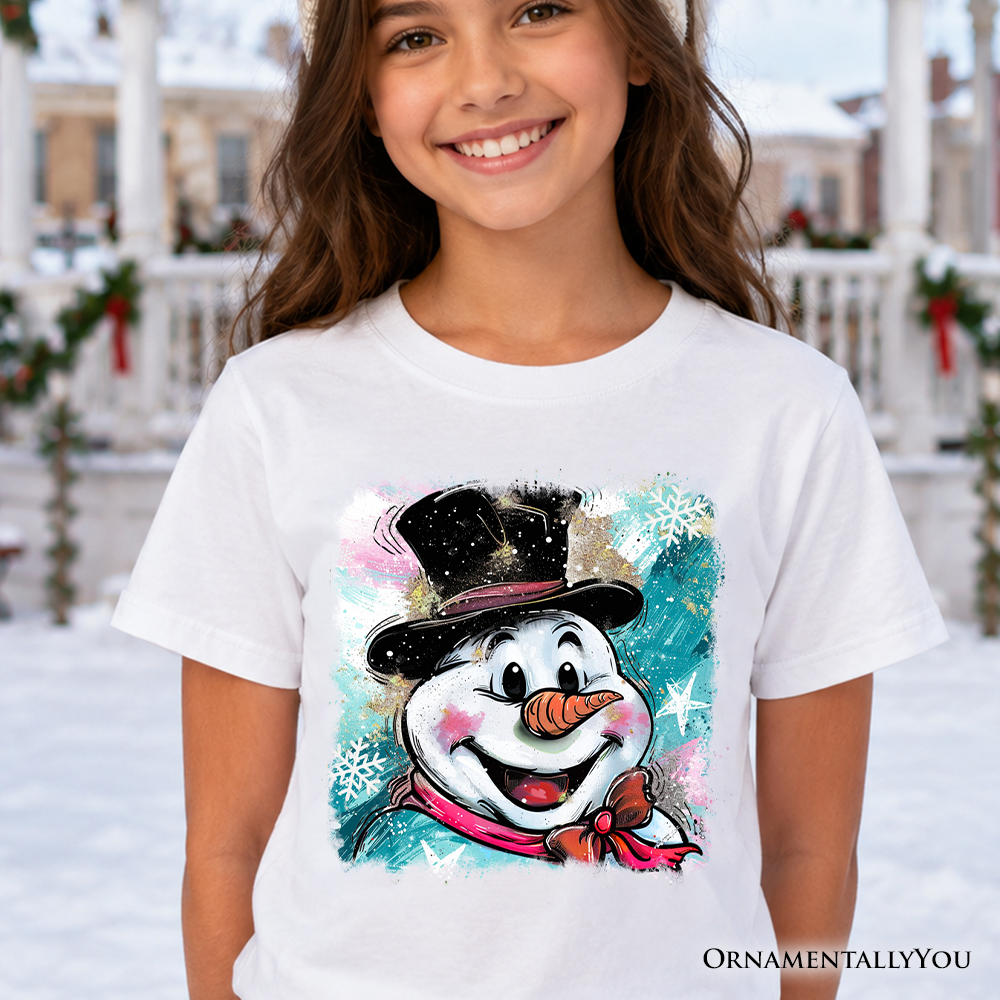 Kids white t-shirt with glitter snowman face graphic in black top hat
