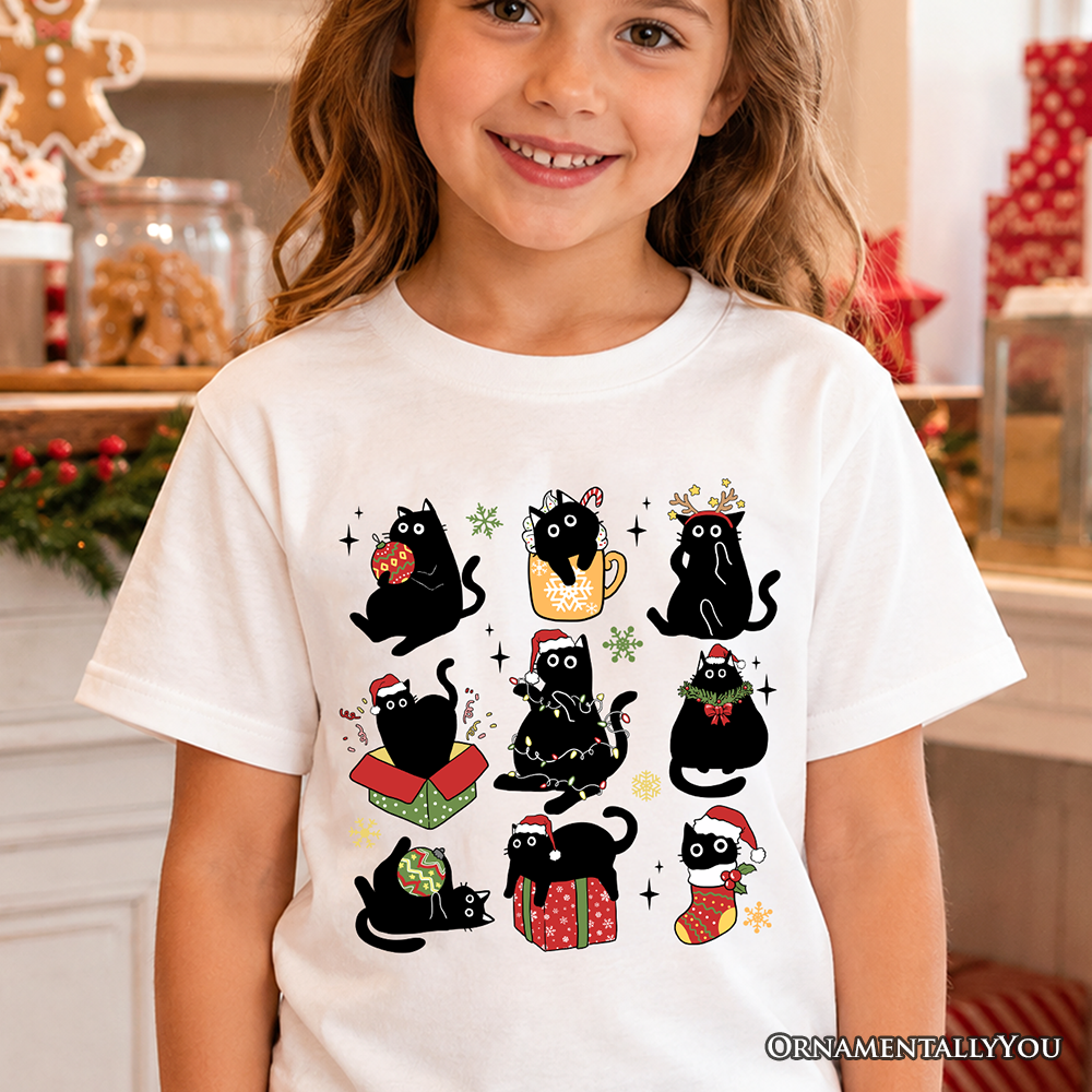 Kids white crew-neck T-shirt with black cats holiday graphic and Santa-style hats
