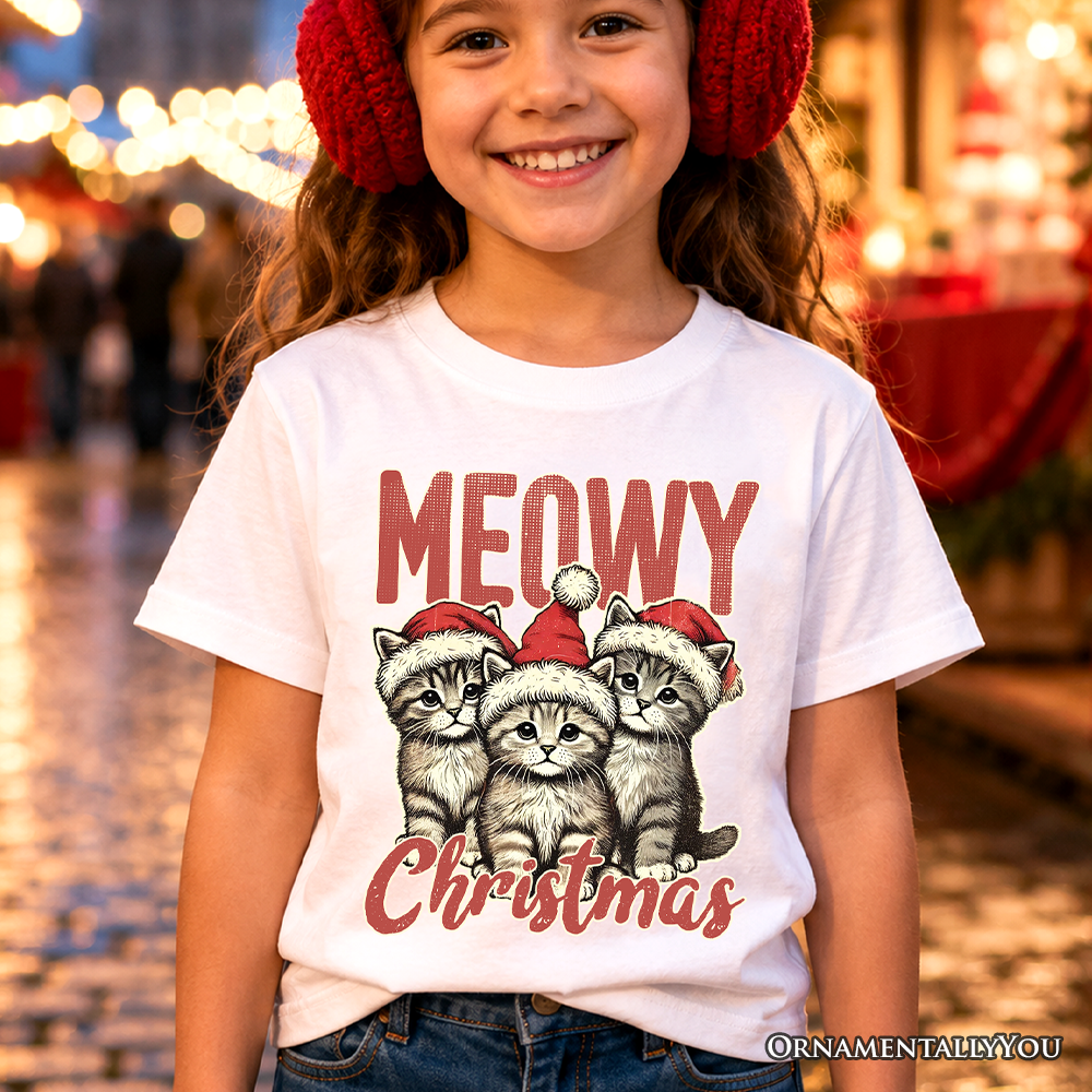 Kids white cat Christmas graphic t-shirt, 'MEOWY Christmas' print