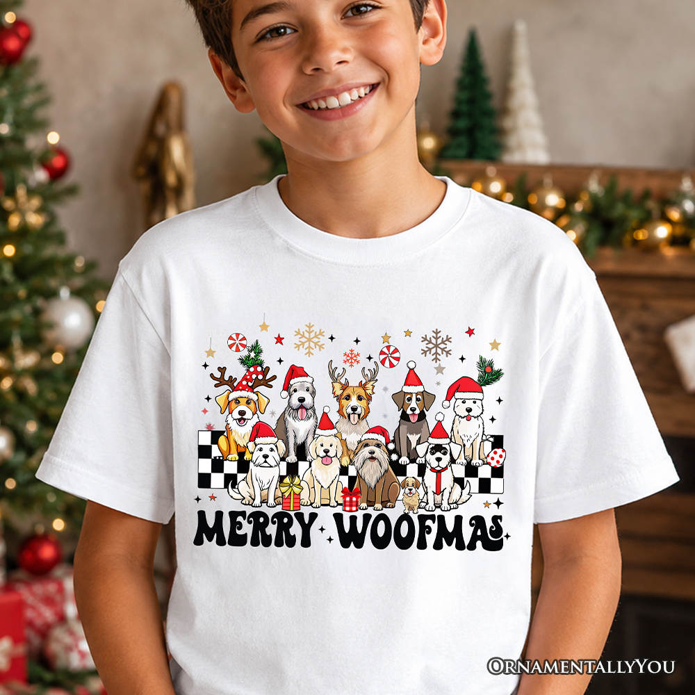 Kids white dog Christmas T-shirt with Santa hats and “Merry Woofmas” graphic