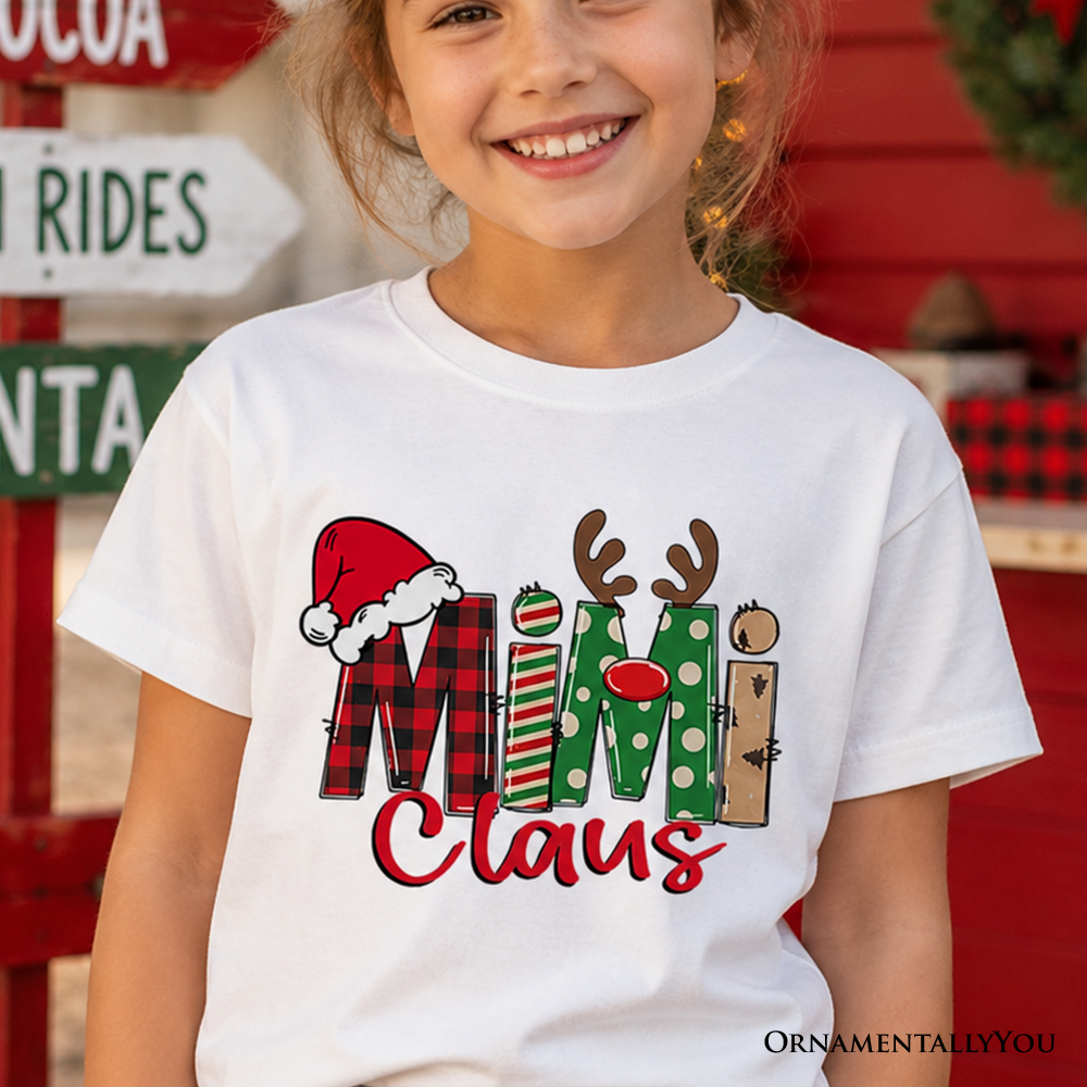 White kids T-shirt with Santa and Christmas block “Claus” graphic, short sleeves
