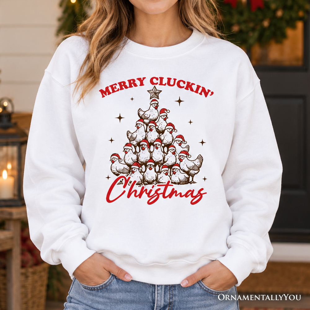 White Christmas crewneck sweatshirt with red "Merry Cluckin' Christmas" chicken tree graphic