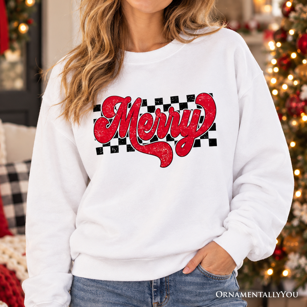 White crewneck sweatshirt with red “Merry” script and black checkered detail