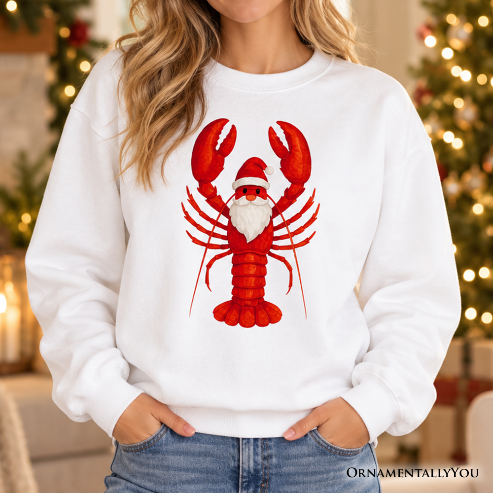 White sweatshirt with red Santa lobster graphic, long sleeves and crew neck