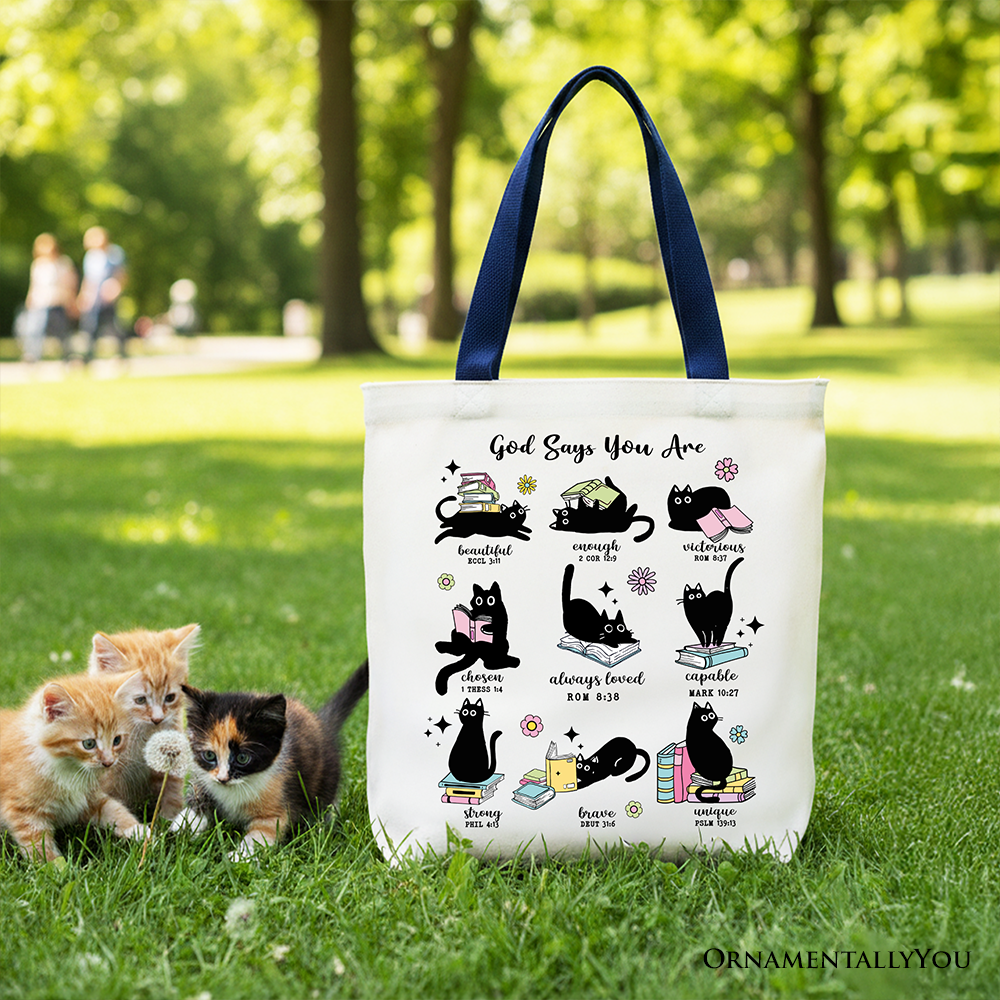 White tote bag with cat collage and faith text, navy carry handles