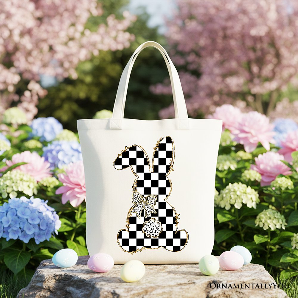 White tote bag with black checkered bunny appliqué and bow detail.