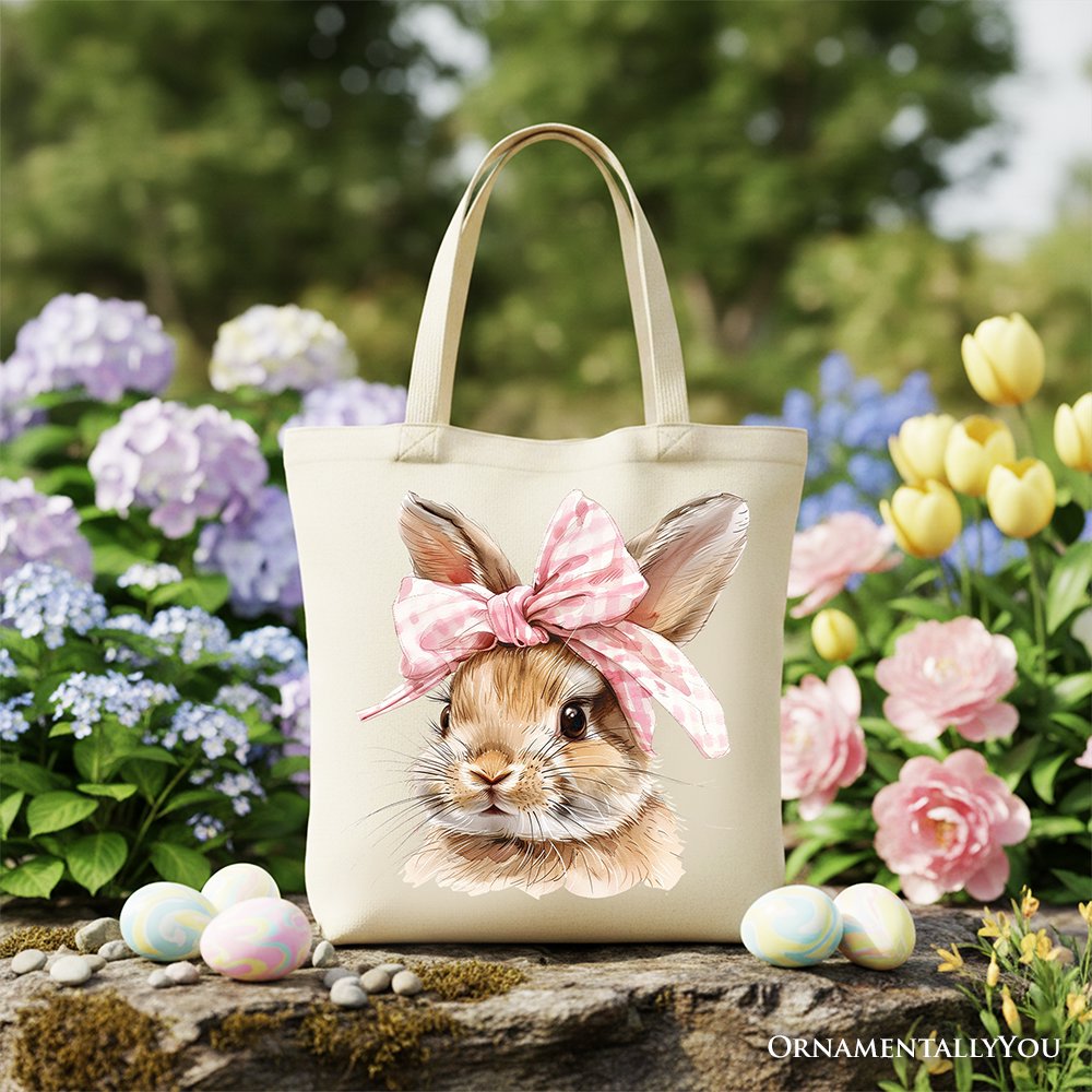 Cream tote bag with watercolor bunny face and pink bow, long handles