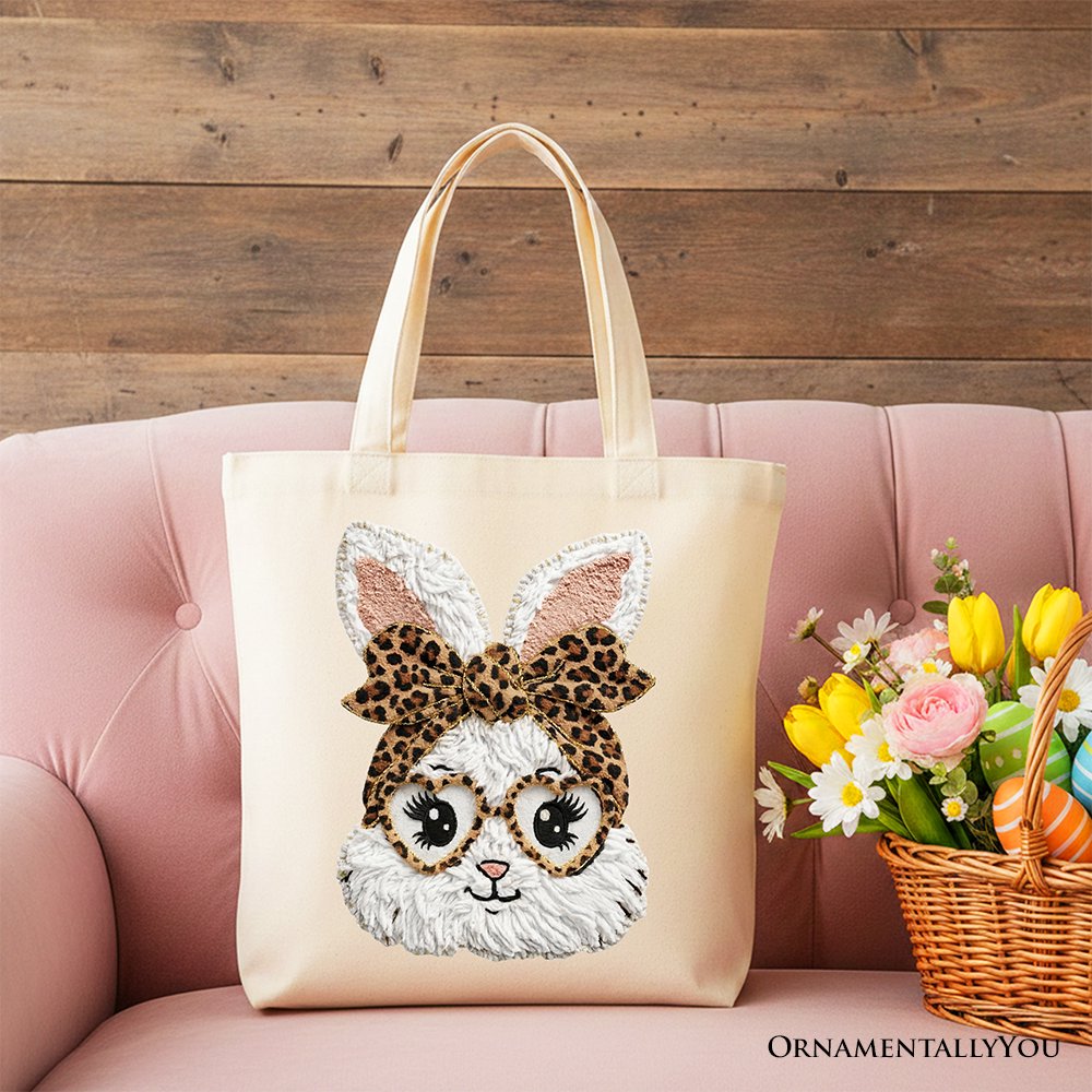 White square tote bag with leopard bow bunny face applique and sturdy handles