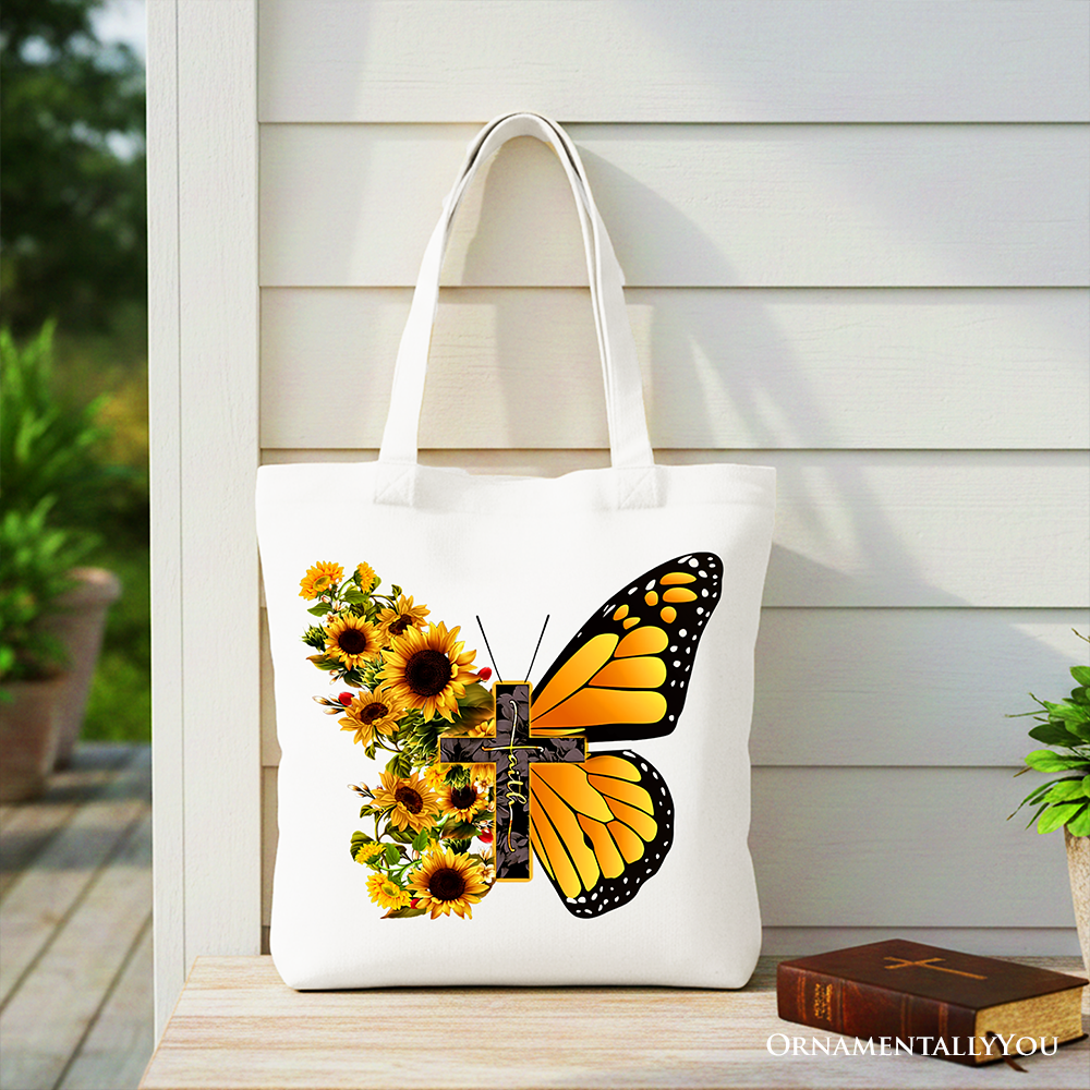White tote bag with sunflower butterfly cross graphic, front view