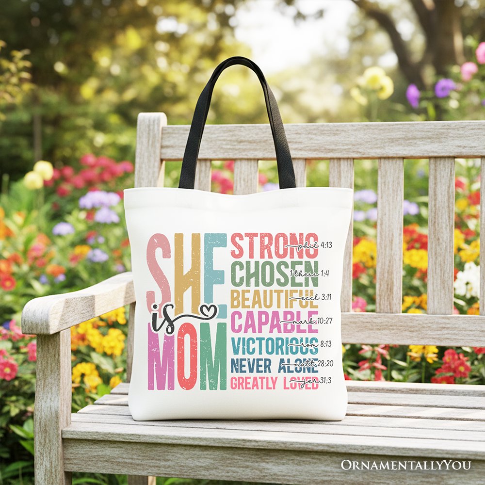 White canvas tote bag with navy handles and colorful affirmation quote on front